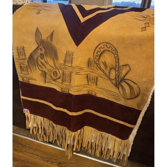 The Unbranded Brand Sweaters - Vtg Western Cowboy Cowgirl Suede Poncho Serape Cape Rodeo Horses Fringe Mexico